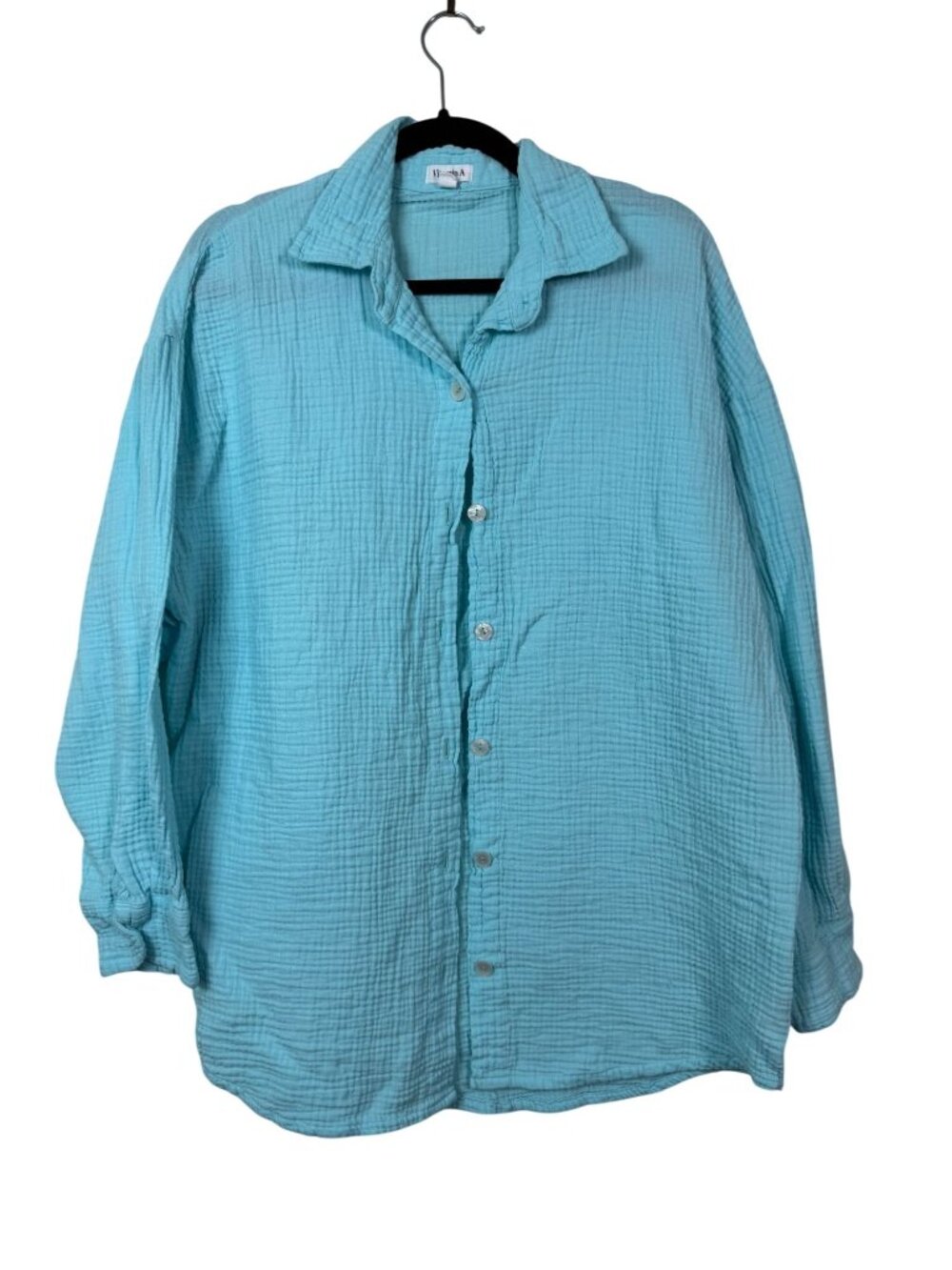 Vitamin A Womens Turquoise Button Up Shirt Long Sleeve Gauzy 100% Cotton Large